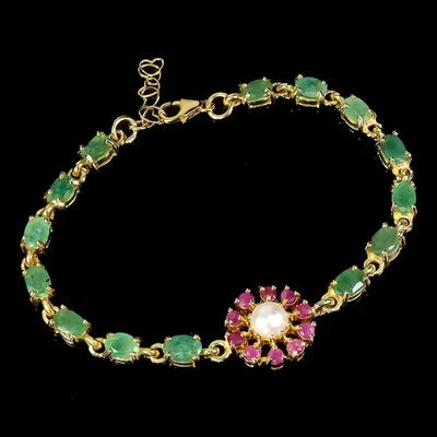 925 Sterling Silver Bracelet Oval Emerald 6x4mm Ruby Pearl Gemstone Jewelry 7.5 - Image 1 of 4