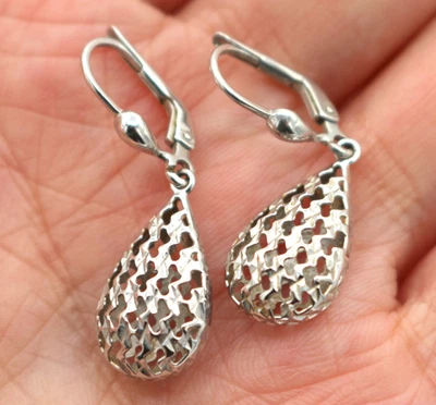 Vintage GCJ 14K White Gold Leverback Filigree Puffed Teardrop Earrings 2.39g - Imagem 1 de 4