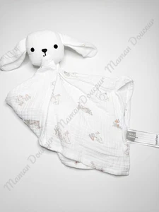 Doudou Plat Carré Lange Lapin Blanc Beige Champignon Barrière Monoprix Bout'chou - Picture 1 of 5