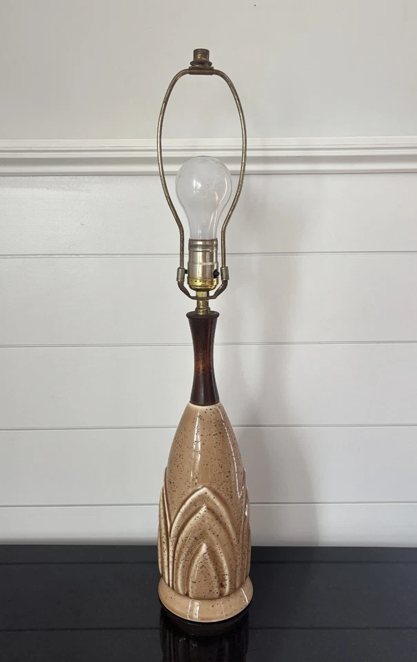 Vintage MCM Ceramic Retro Table Lamp Brown Art Pottery 24"H Wood Desk Mini Light - Image 1 of 4