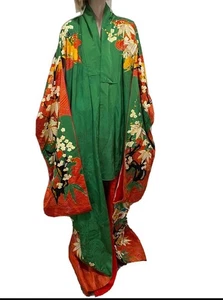 Japanischer Kimono Seide UCHIKAKE Japanisches Brautkleid Kimono Grün/Orange Streitwagen - Bild 1 von 14