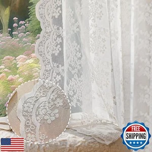 Anmao Vintage Lace Curtains 84 Inches Long 2 Panels, Romantic Semi Sheer Flor - Picture 1 of 5