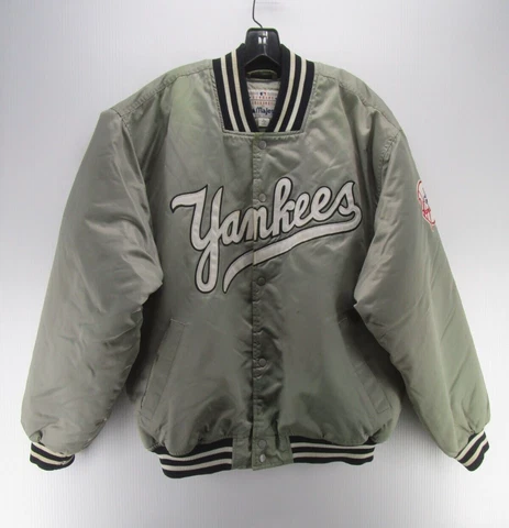 VINTAGE New York Yankees Jacket Men Large Gray Majestic Satin Bomber 90s MLB * Cover