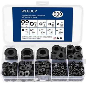 900-Piece Nylon Flat Washer Assortment Kit Black Plastic Flat Washers for Bolts - Picture 1 of 4