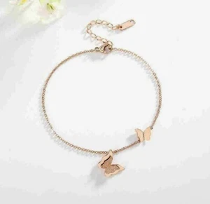 Womens Double Butterflies Rose Gold Charm Foot Ankle Bracelet Anklet - Picture 1 of 3