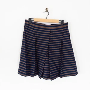 TOAST Blue Pleated Cotton Skirt Size 12 Brown Stripe A Line - Picture 1 of 24