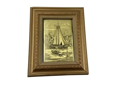 Vintage Gold Foil Etched Sailboat Ocean Art Picture Framed Bird Port - Image 1 of 4