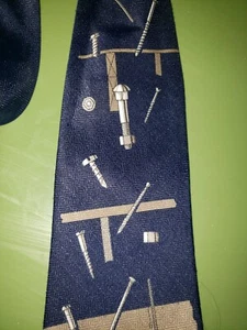Vintage Handmade Nuts Nails bolts Construction Engineering blue tie hand made - Picture 1 of 4
