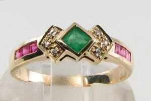 9CT 9K GOLD EMERALD RUBY  DIAMOND ETERNITY BAND ART DECO INS  RING FREE RESIZE - Picture 1 of 6