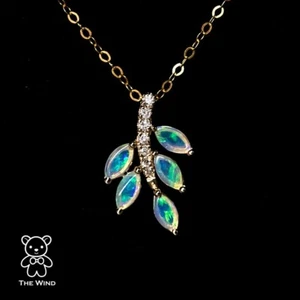Olive Leaf Design Australian Solid Opal Diamond Pendant Necklace 14K Yellow Gold - Picture 1 of 9