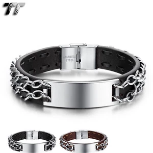 TT Genuine Leather 316L Stainless Steel ID Plate Chain Bracelet Wristband(BR188) - Picture 1 of 3