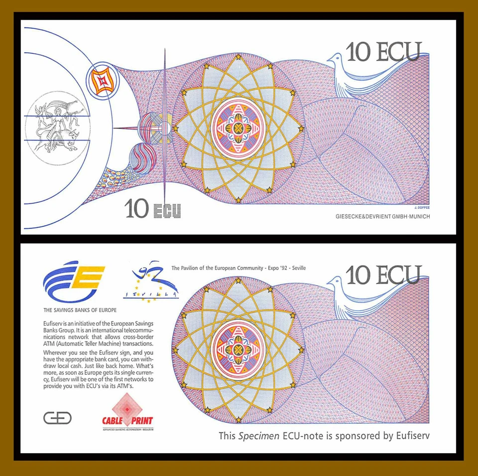 Spain 10 Euro Ecu Expo, Test Note 1992 Seville Commemorative G&D Unc - Image 1 of 1