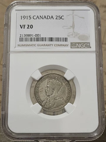 1915 Canada 25 Cents Silver Coin NGC VF20 Cover