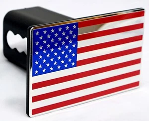 USA American Flag Metal Hitch Cover (Fits 2" Receiver, Blue/Red/Chromed) - Picture 1 of 5