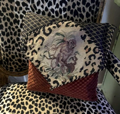 Throw Accent Pillow Tapestry Monkey Leopard Print Textured Velvet Envelope 14 sq - Image 1 of 4