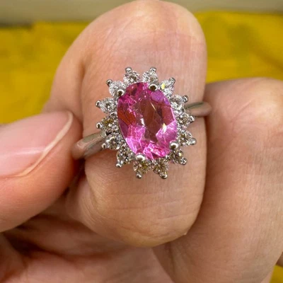 925 Sterling Silver Ring Oval Pink Topaz 7x5mm Bridal Gemstone Zircon Jewelry - Image 1 of 4