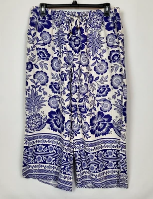 Pantalones cortos de pierna ancha Rachel Zoe para mujer 2X azul blanco estampado de bordes tropicales nuevos con etiquetas Foto 1 de 4