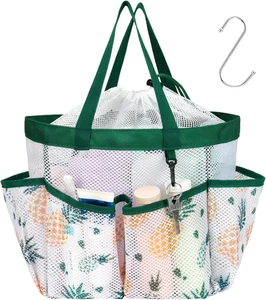 Mesh Shower Caddy Tote with Drawstring & S-Hook, 7-Pocket Dorm Bag - Pineapple - Picture 1 of 12