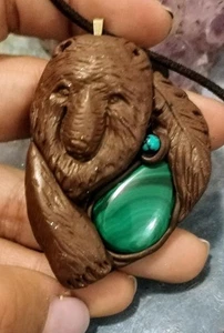 Courage. Spirit Animal Bear Necklace Pendant with Malachite Totem Jewelry - Picture 1 of 3