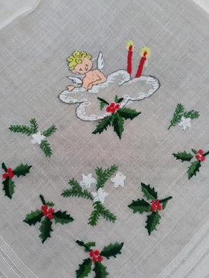 Lenço bordado vintage anjo de Natal original - Imagem 1 de 4