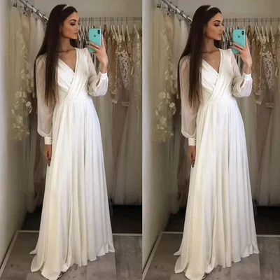 Chiffon Beach Wedding Dresses Long Sleeves V Neck Simple White Ivory Bridal Gown - Image 1 of 3