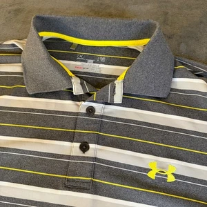 Under Armour Striped HeatGear Loose Fit Golf Polo Shirt Gray Yellow Mens Large - Picture 1 of 8