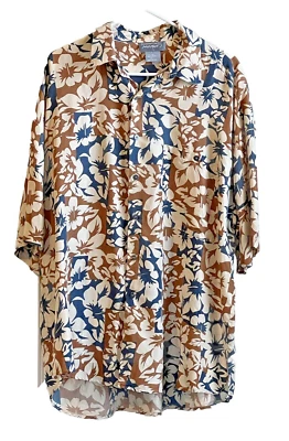 Lord &Taylor Men's XL Silk Hawaiian Camp Shirt Button Down Floral Blue Brown Foto 1 de 4