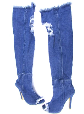 Women Over The Knee Boots Open Toe Long Fashion Ripped Denim US Sz 4 EU Size 34 - Image 1 of 4
