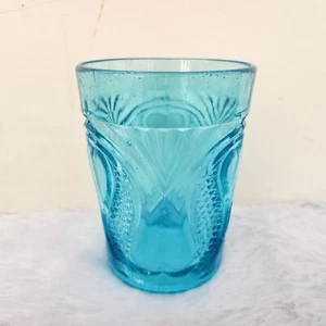 Vintage Aqua Blue Glass Tumbler Heart Design Barware Decor Collectible GT219 - Picture 1 of 10