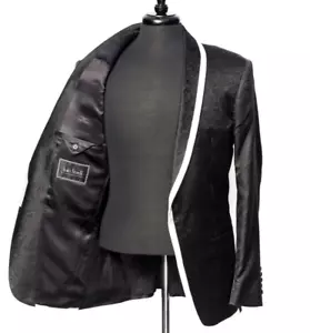 $ 3K Italo Ferretti 100 % Seide schwarz/weiß Paisley 2Btn Schal Smokingjacke 50 40R - Bild 1 von 7