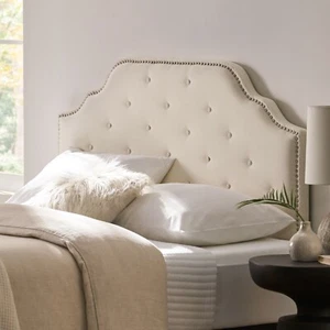 Soleil Studded Edge Ivory Fabric Queen/Full Headboard - Picture 1 of 9