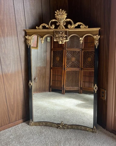 Vintage Mid Century Large  Gilded Black and Gold  wooden Mirror Wall Art Cover