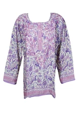 Boho Lavender FLORAL Embroidery Tunic BLOUSE Button Front Ethnic TUNIC Top XL