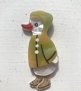 Duck In A Raincoat Brooch Badge Pin Duckling Bird Cute 50s 60s Lucite Acrylic - Picture 1 of 3