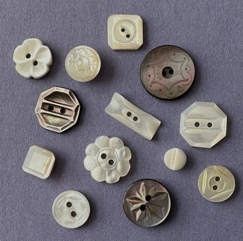 Vintage Mother of Pearl Buttons; White Smoky Etched Carved Flowers Geometric Cover