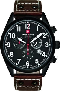 Swiss Alpine Military Leader Chrono Black Dial Leather Men's Watch 1293.9577 SAM - Picture 1 of 2