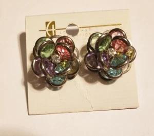 Avon Clip Earrings Multi-Colored Crystal Authentic Flower Diamond Jewel Vintage - Picture 1 of 5