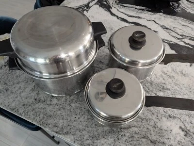 Vintage 3 Lifetime T304 Stainless Steel Pans Pots + Lids 6 Pcs 6 3 & 2 Qt 1 Dome - Image 1 of 4