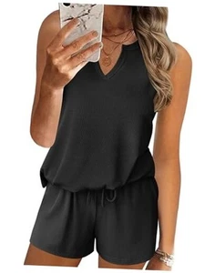 Ribbed 2 Piece Lounge Sets Sleeveless Pajama Tank and Shorts Set Summer Beach - Picture 1 of 6