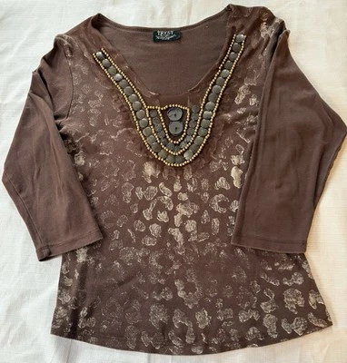 Top informal Tryst By Mathew para mujer marrón con cuentas cuello talla XL manga 3/4 Foto 1 de 4