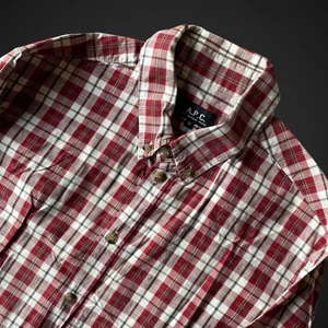 A.P.C. Men’s Shirt Long Sleeve Medium Button Down Plaid Check Red Cotton L/S - Picture 1 of 9