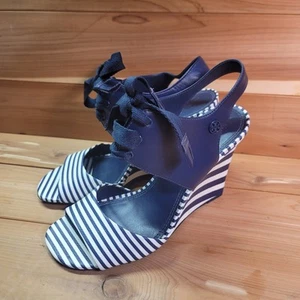 Tory Burch Maritime sandali donna 9 M pelle zeppa tacco blu bianco nautico - Foto 1 di 12