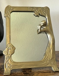 Vintage Art Nouveau Brass Lady By The Lake Mirror 9” X 6.5” - Picture 1 of 2