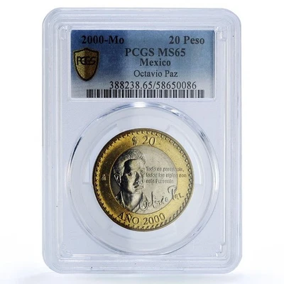 Mexico 20 pesos Octavio Paz Rev. KM-638 MS 66 PCGS bimetal coin 2000 - 2001 - Image 1 of 4