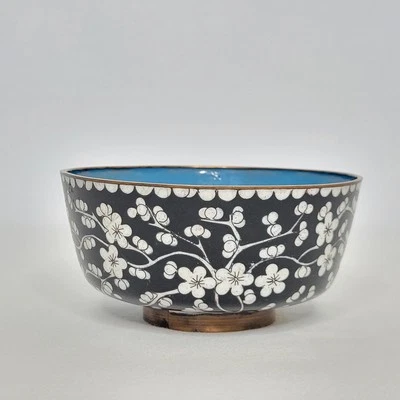 Antiguo Arrocero Chino Cloisonne Negro Blanco Floral 4 1/4" Foto 1 de 4