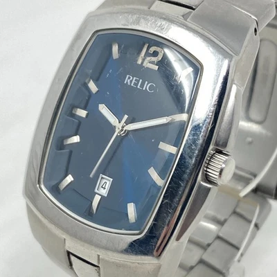 Relic Watch Men 32mm Silver Tone Date Blue Dial Tank WR 30M New Battery 7.5" - Image 1 of 4