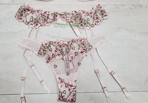 Victoria's Secret Tanga Blumen Herz Stickerei V-String Strumpfband 5S5Y QB6 pink - Bild 1 von 16