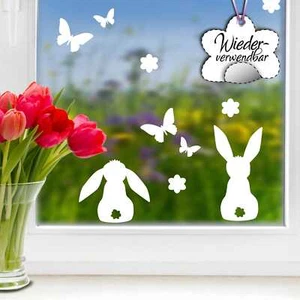 Adesivo finestra primavera pasqua tre conigli fiori farfalle bianco WIED... - Foto 1 di 3