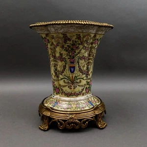 United Wilson UW 1897 Crackle Hand Painted Floral Bronze & Porcelain Vase 12.75" - Picture 1 of 10