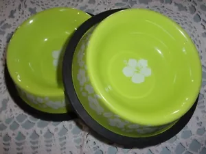 sm Hawaiian Hibisco ENAMAL antideslizante Perro 2 piezas Comida Tazón de agua Plato gato verde - Imagen 1 de 3